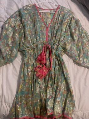 Miss Me Metallic Floral Tie-Waist Mini Dress in Aqua and Pink